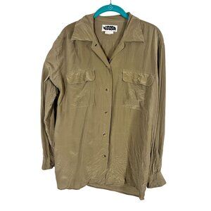 Retro Silk Button Up Shirt Neutral M Tan Classic Chic Preppy Minimalist 80s